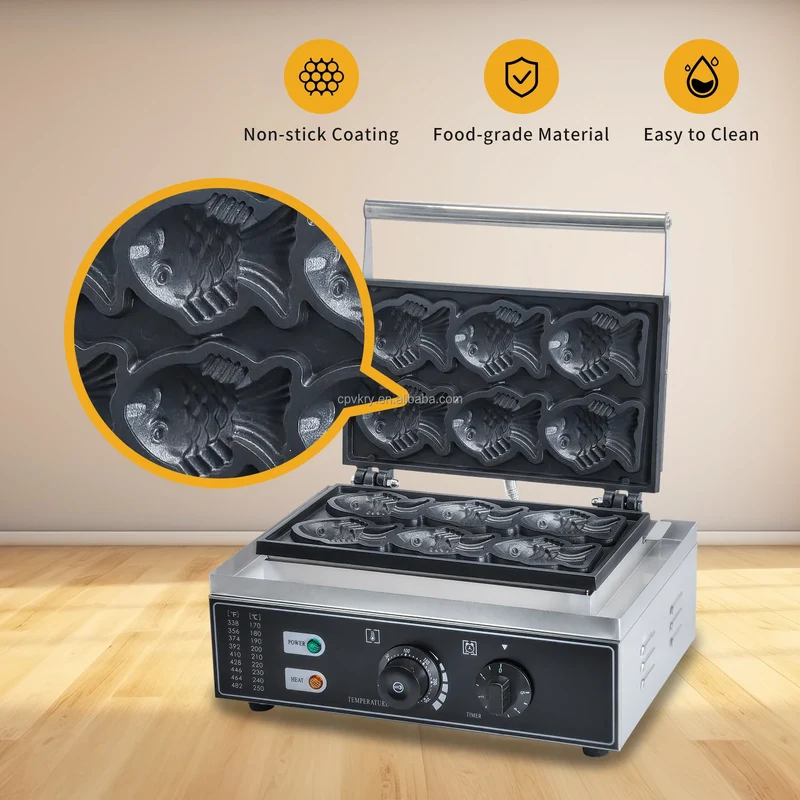 Taiyaki Electric 6 Slices Fish-Shaped Waffles 1400W Double-Sided Heating Stainless Steel Mini Waffle Machine Snack Machine