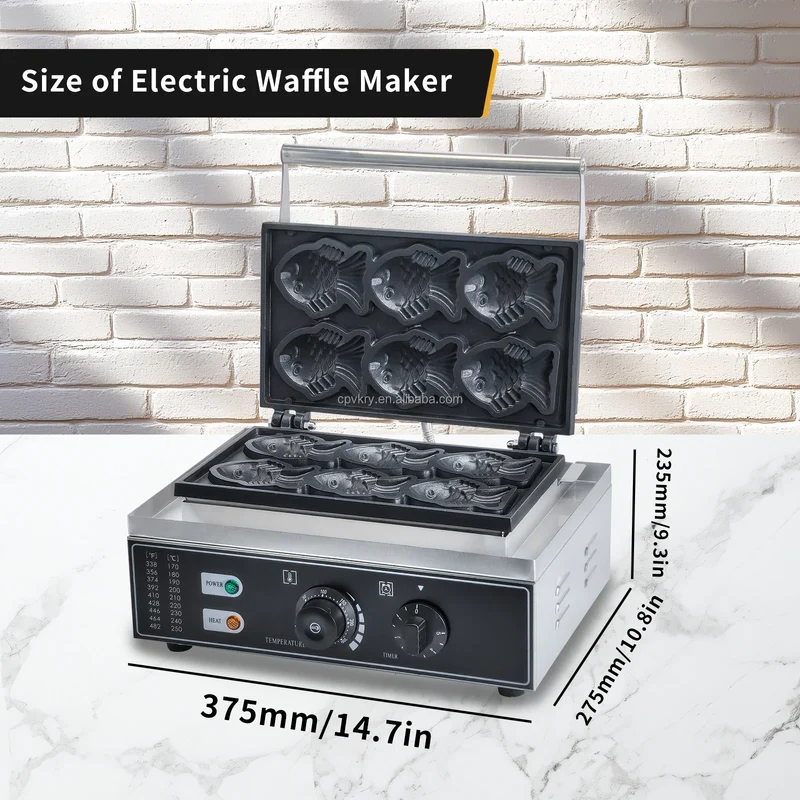 Taiyaki Electric 6 Slices Fish-Shaped Waffles 1400W Double-Sided Heating Stainless Steel Mini Waffle Machine Snack Machine