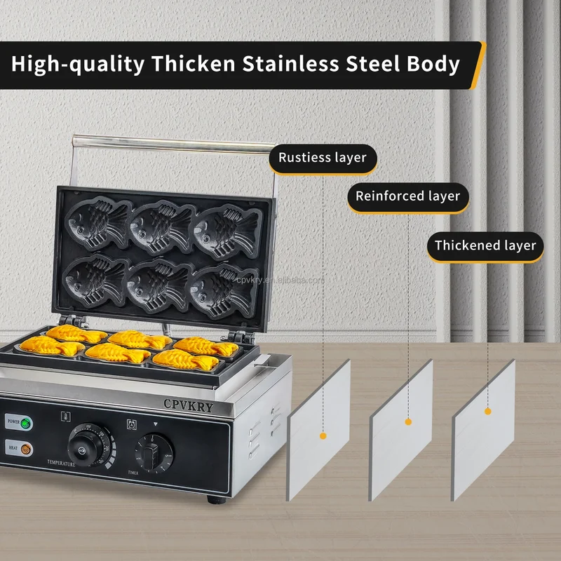 Taiyaki Electric 6 Slices Fish-Shaped Waffles 1400W Double-Sided Heating Stainless Steel Mini Waffle Machine Snack Machine