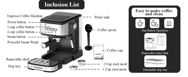 Empstorm Electric Espresso Machine Semi-Automatic Coffee Maker with for Office Home Use Stock in the US Local