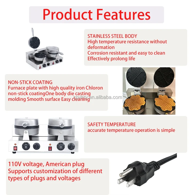 Professional 2600W Electric Double Head Foam Waffle Machine Egg Heart Shaped Temperature Controlled for Household Use