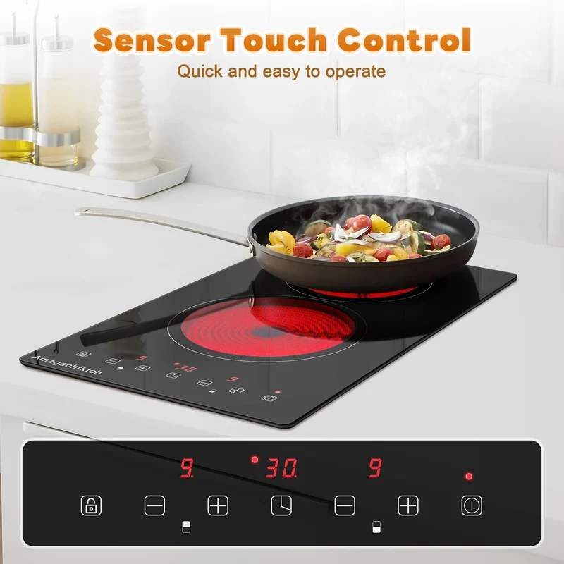 2 Burner Electric Cooktop, 12 Inch Built-in Ceramic Stove Top with Child Safety Lock, Timer & Residual Heat Indicator, 3000W