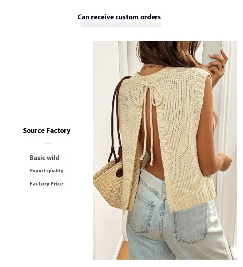 Women's Vintage Ice Silk Knitted Vest Spring Summer Casual Cross-Border Fashion Solid Layered Sleeveless Top Apricot Thin