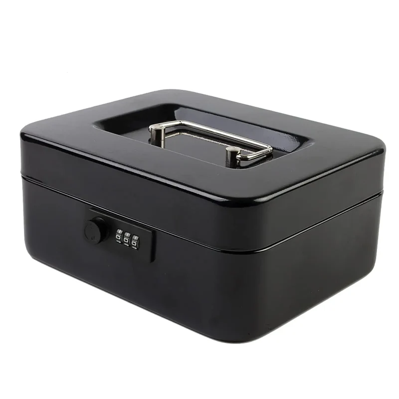 AJF Black Cold Rolled Steel Cash Safe Box Combination Lock Secure 7.87"x6.30"x3.54" Money Tray for Indoor/Outdoor Use Model