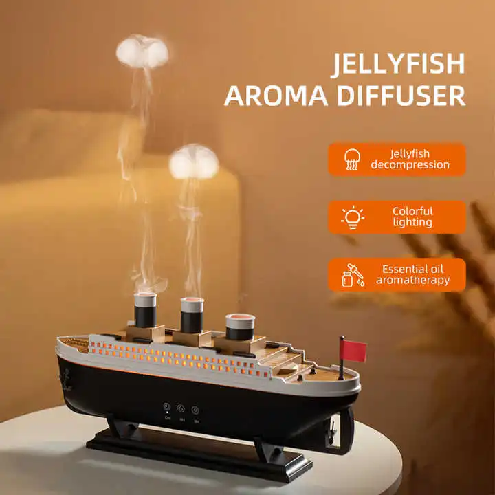 2025 Electric Ship Diffuser Humidifier Ultrasonic Essential Oil Jellyfish Diffuser Desktop Smart Home Boat Diffuser for Office