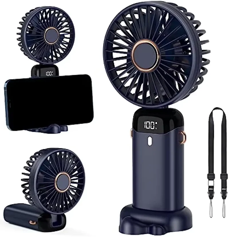 USB Portable 6-Speed Digital Display Fan Mini Handheld Large Wind Silent Desktop Cooling Gift Foldable for Household Car Use