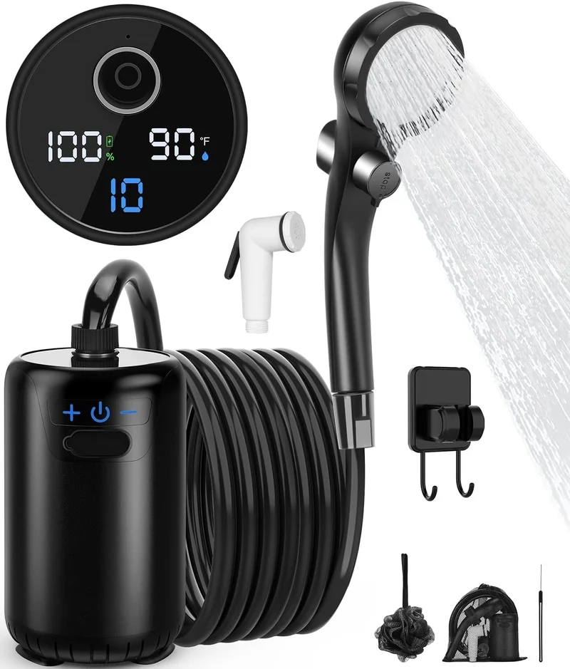 Portable Shower for Camping, 8000mAh Rechargeable Camping Shower with Intelligent LED Display, 4 Spray Modes