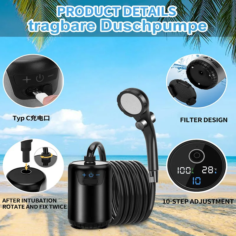Portable Shower for Camping, 8000mAh Rechargeable Camping Shower with Intelligent LED Display, 4 Spray Modes