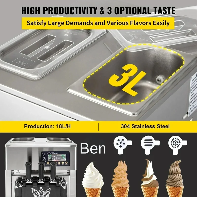 VEVOR 1200W A168 Compressor Ice Cream Maker 4-Nozzle LCD Panel Machine for Yogurt and Milk 3 Flavors New Condition