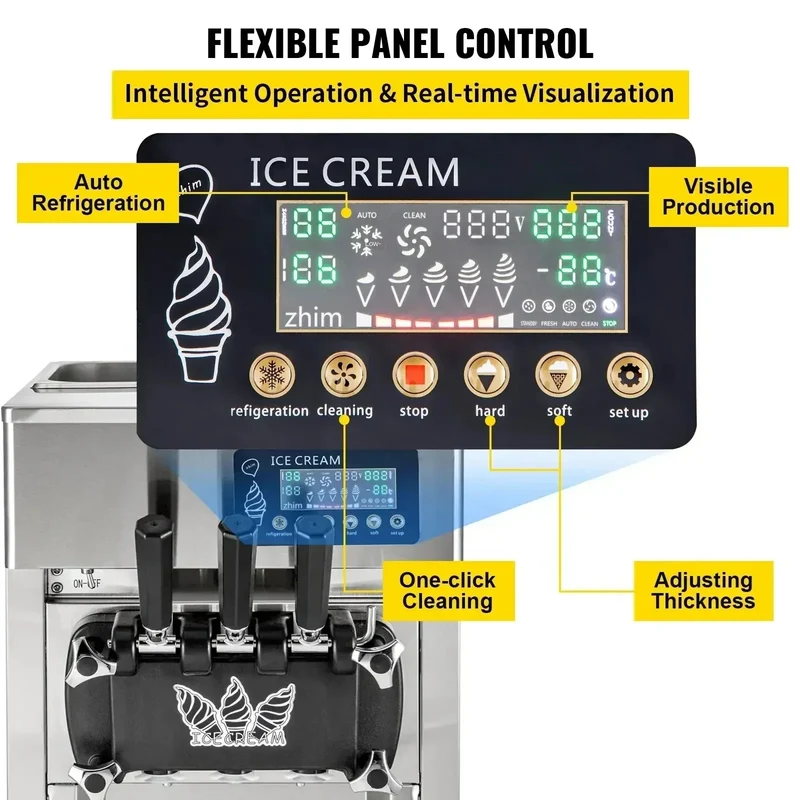 VEVOR 1200W A168 Compressor Ice Cream Maker 4-Nozzle LCD Panel Machine for Yogurt and Milk 3 Flavors New Condition
