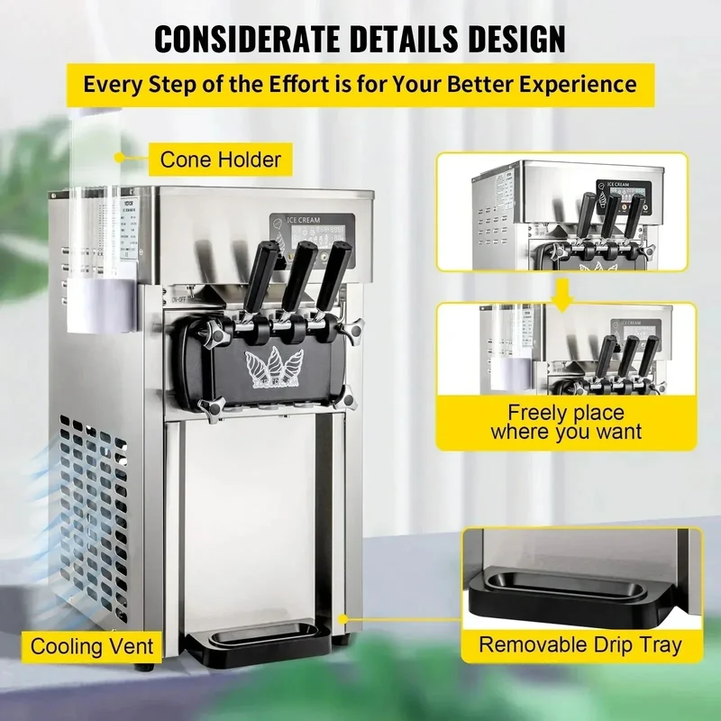 VEVOR 1200W A168 Compressor Ice Cream Maker 4-Nozzle LCD Panel Machine for Yogurt and Milk 3 Flavors New Condition