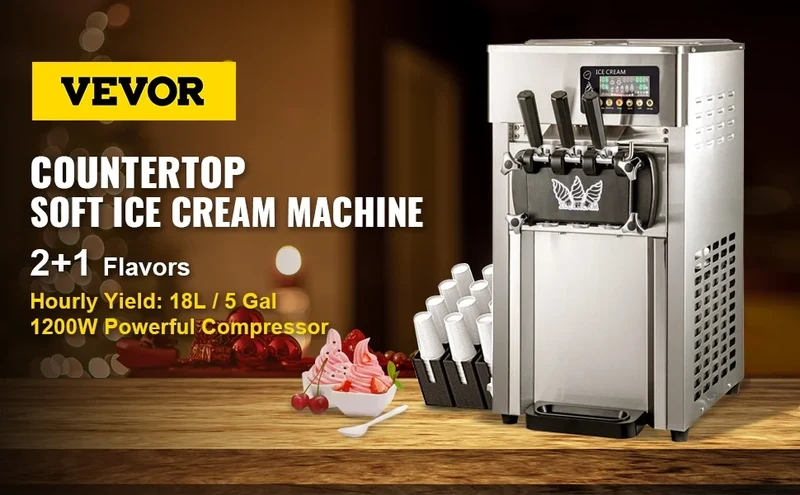 VEVOR 1200W A168 Compressor Ice Cream Maker 4-Nozzle LCD Panel Machine for Yogurt and Milk 3 Flavors New Condition