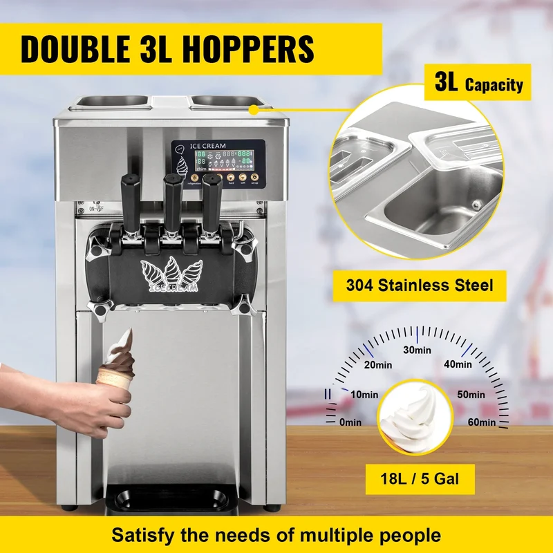 VEVOR 1200W A168 Compressor Ice Cream Maker 4-Nozzle LCD Panel Machine for Yogurt and Milk 3 Flavors New Condition