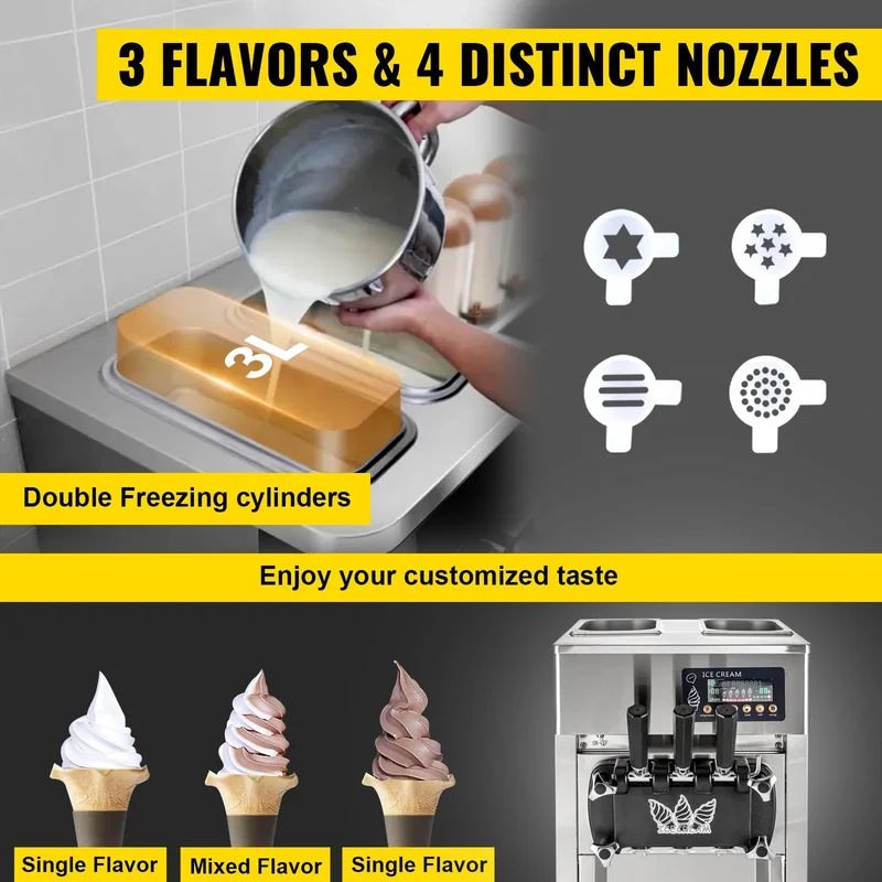 VEVOR 1200W A168 Compressor Ice Cream Maker 4-Nozzle LCD Panel Machine for Yogurt and Milk 3 Flavors New Condition
