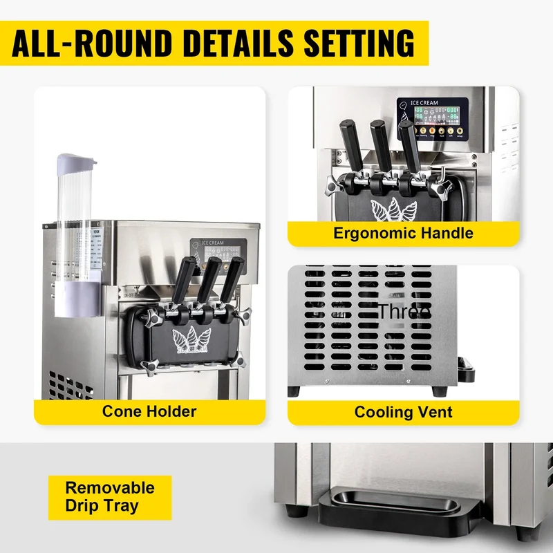 VEVOR 1200W A168 Compressor Ice Cream Maker 4-Nozzle LCD Panel Machine for Yogurt and Milk 3 Flavors New Condition