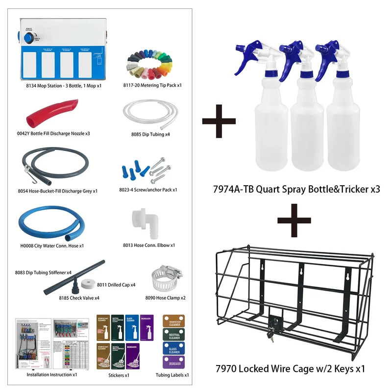 8134-7970 4-products Spray Bottle&Mop Bucket, Chemical Proportioner with Locking Cage