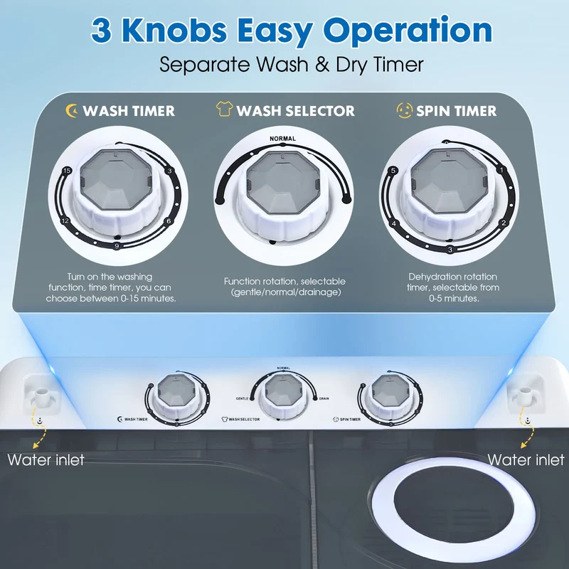 Portable Washing Machine Twin Tub - Compact Washer and Dryer Combo with Drain Pump - Mini Laundry Machine for Apartments, Dorms