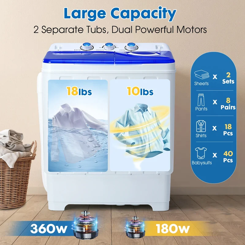 Portable Washing Machine Twin Tub - Compact Washer and Dryer Combo with Drain Pump - Mini Laundry Machine for Apartments, Dorms
