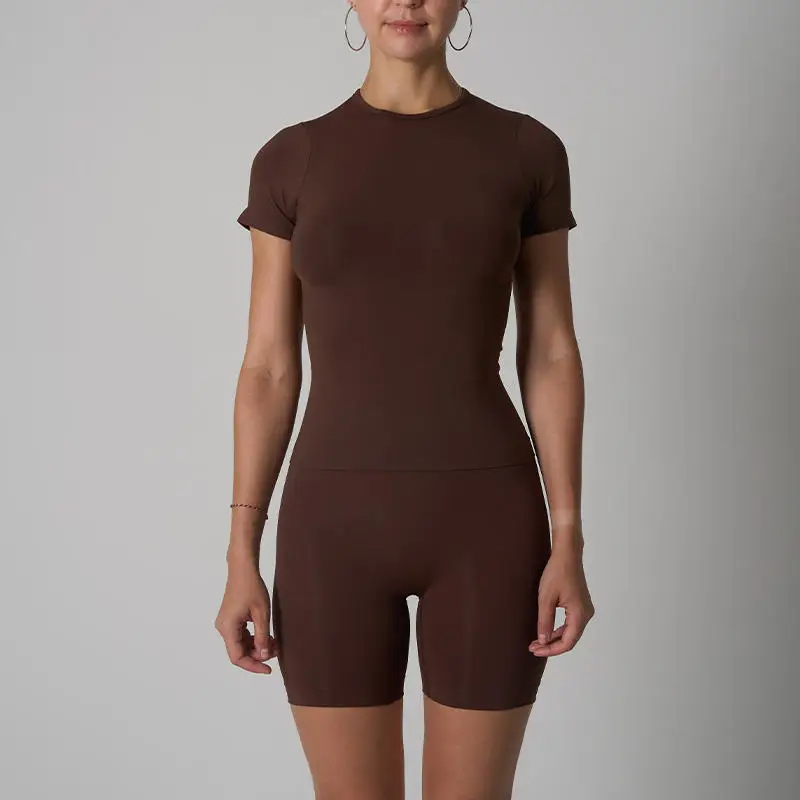 High Waist Scrunch Butt Shorts Yoga Fitness Set Women Two Piece Short Sleeve Crew Neck Slim Fit Shirts Matching