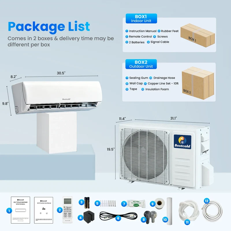 Bestcold 110V Mini Split Air Conditioner 12000 BTU Ductless Heat Pump Inverter AC for North America Home Garage and Workshop