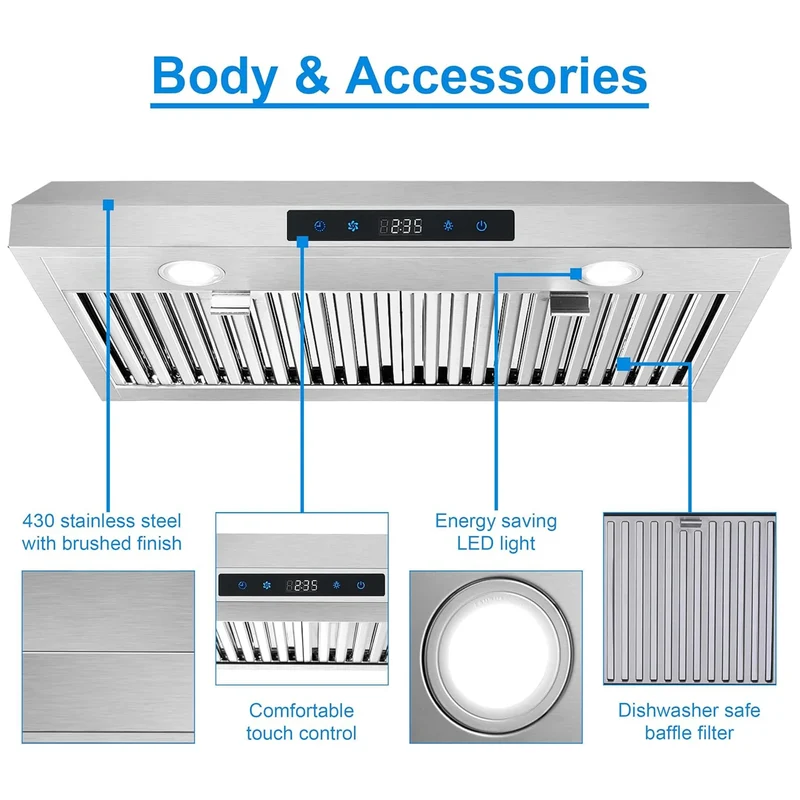 Range Hood 30 Inch Under Cabinet, Range Hoods with Touch Control,3-Venting Kitchen Hood,Stainless Steel Vent Hood