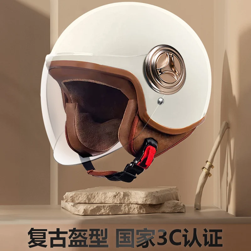 3C Certified Helmet for Women, Electric Vehicle, Men's Motorcycle, All-Season Half Helmet, Winter Warm and Anti-Fog Retro Helmet