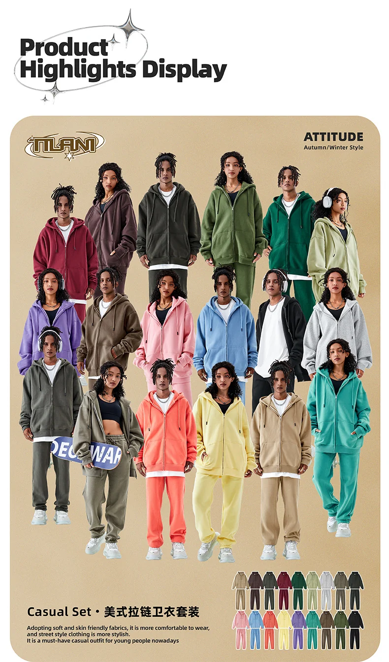 Tilani Men's Sweatshirt Cross-Border Casual Sports Suit Fashionable Pure Color Sweatshirt for Men and Women Simple Zipper Hoodie