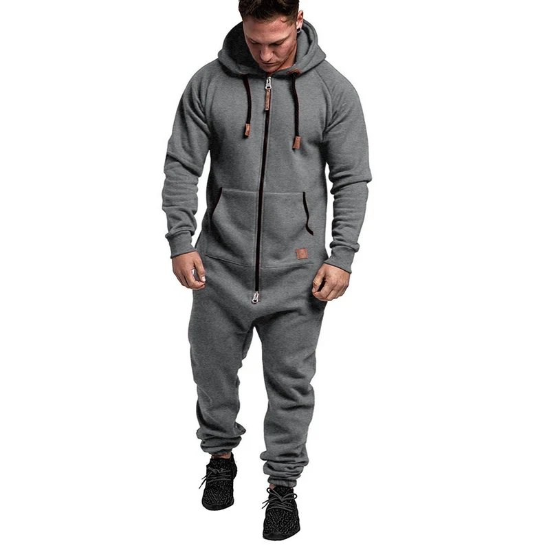 In-Stock New Foreign Trade Men's Hooded Fleece Jumpsuit Solid Color Casual Men's Suit Jumpsuit
