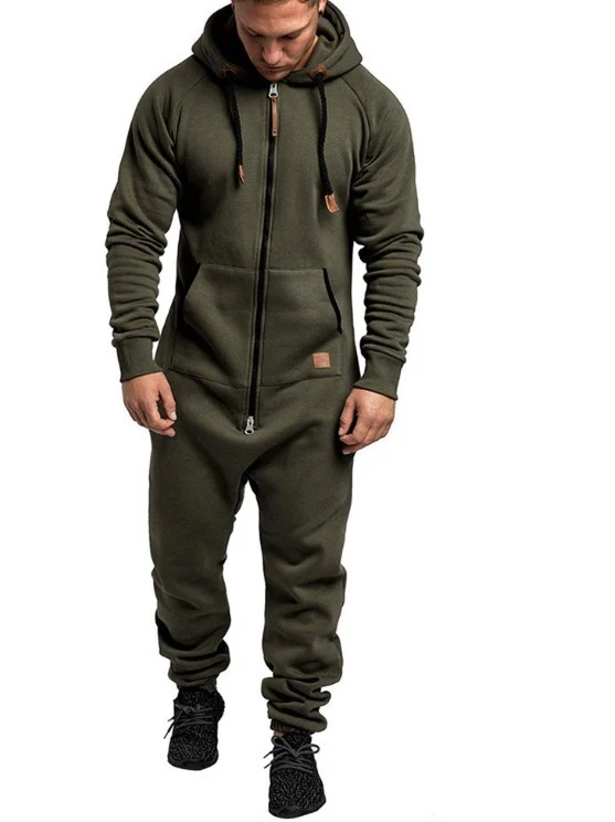 In-Stock New Foreign Trade Men's Hooded Fleece Jumpsuit Solid Color Casual Men's Suit Jumpsuit