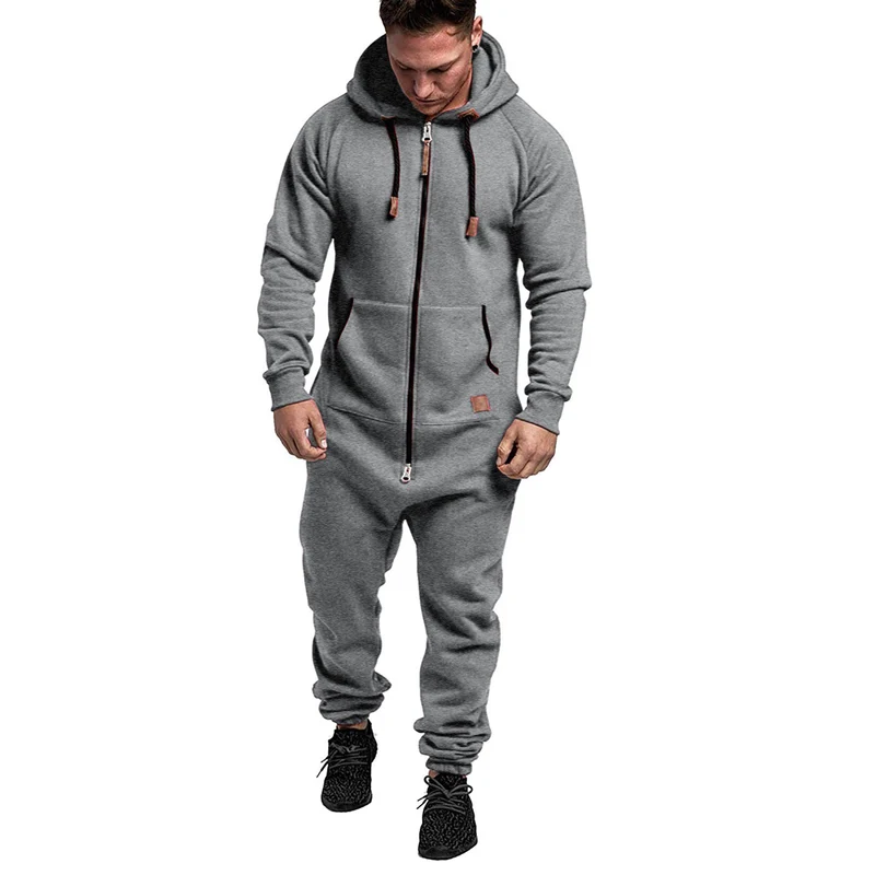 In-Stock New Foreign Trade Men's Hooded Fleece Jumpsuit Solid Color Casual Men's Suit Jumpsuit