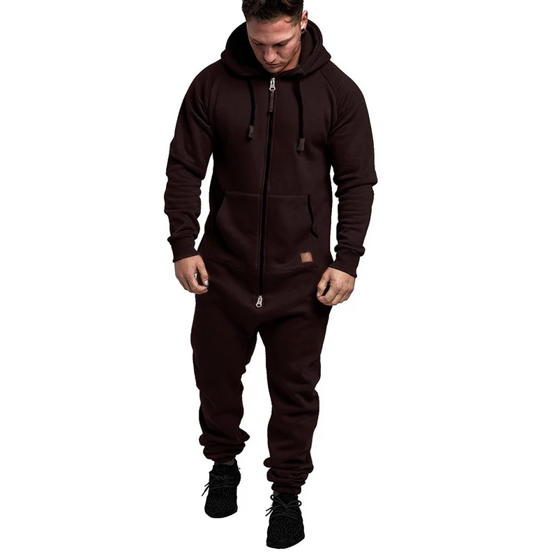 In-Stock New Foreign Trade Men's Hooded Fleece Jumpsuit Solid Color Casual Men's Suit Jumpsuit