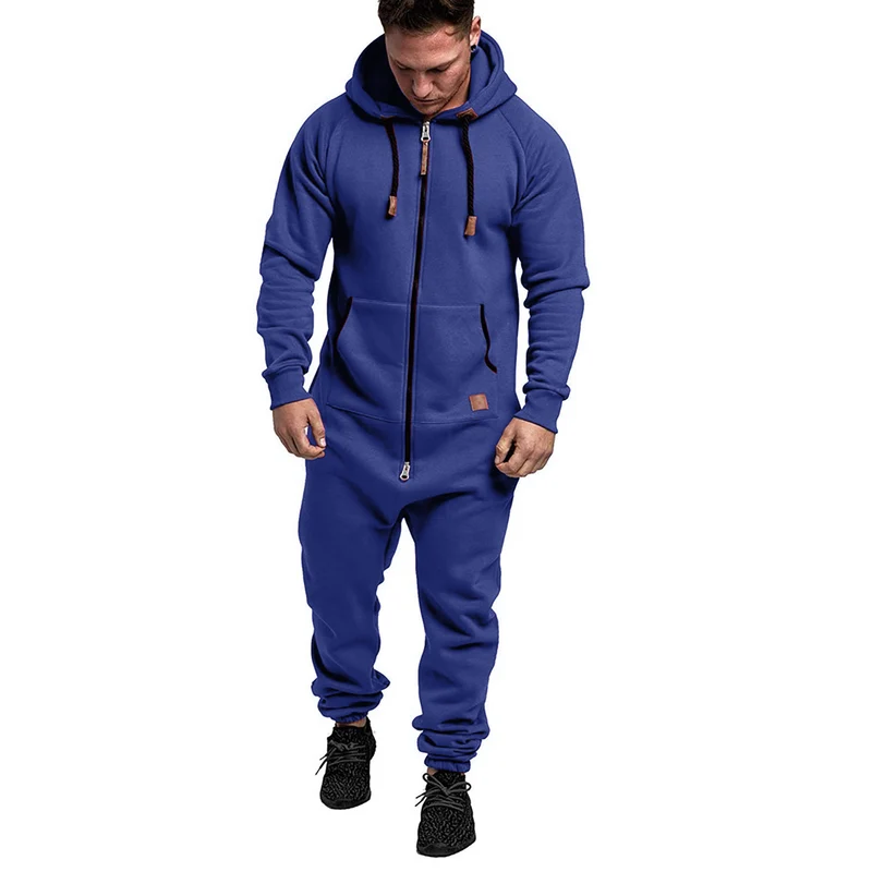 In-Stock New Foreign Trade Men's Hooded Fleece Jumpsuit Solid Color Casual Men's Suit Jumpsuit
