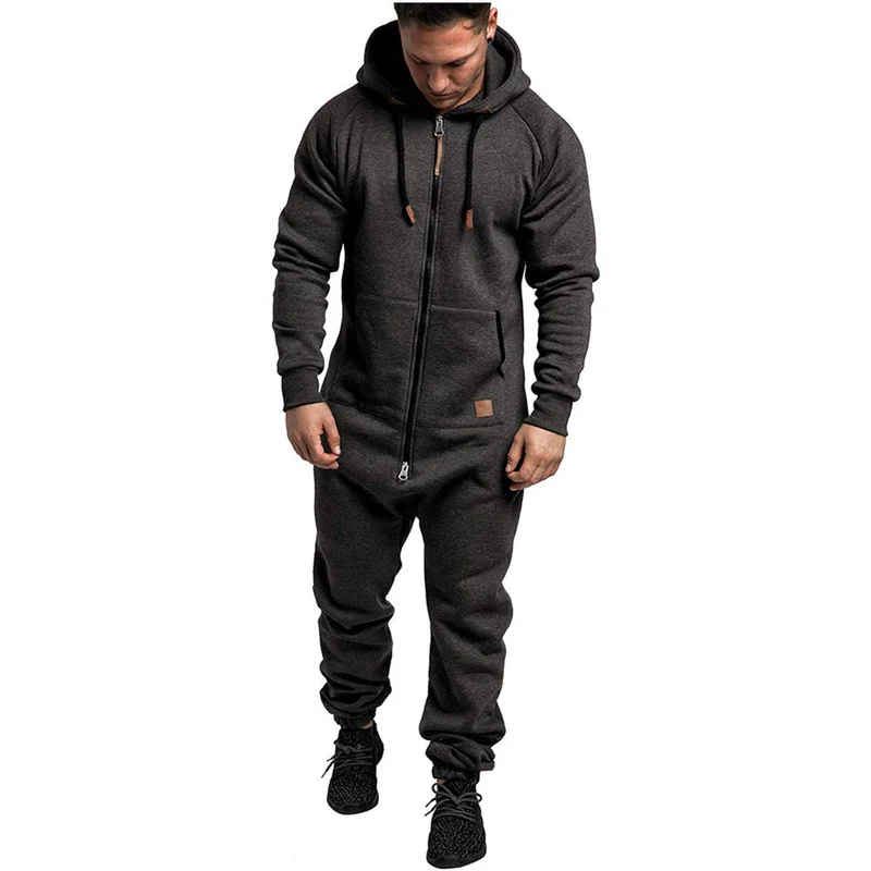 In-Stock New Foreign Trade Men's Hooded Fleece Jumpsuit Solid Color Casual Men's Suit Jumpsuit