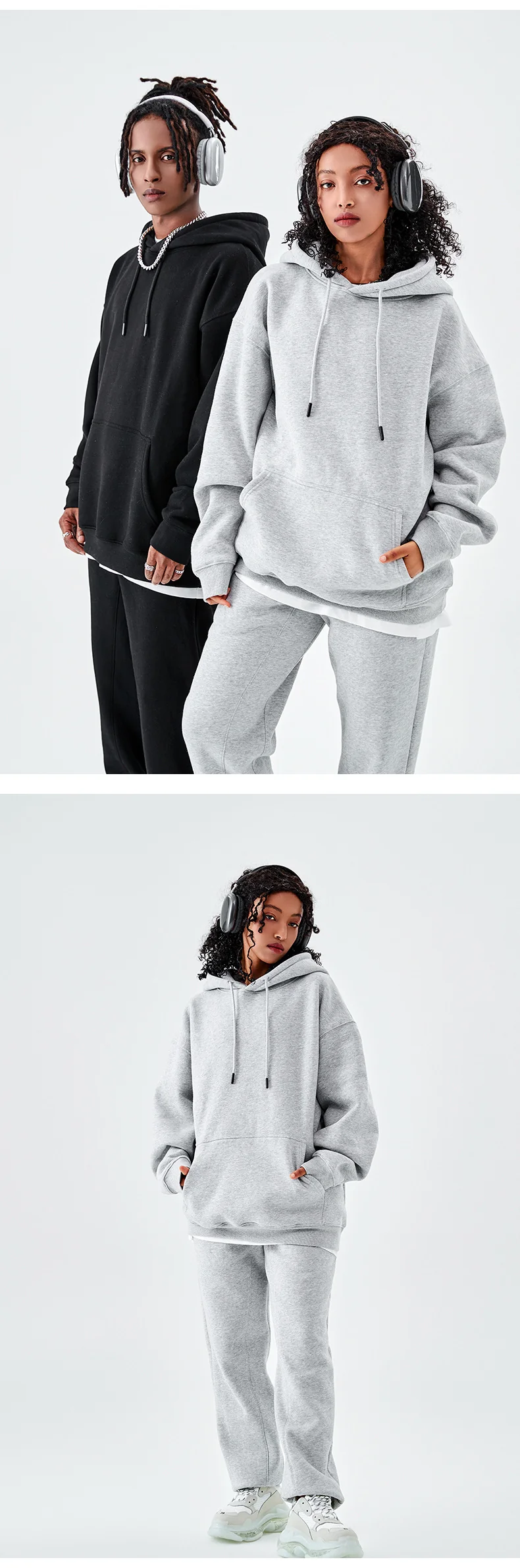 Tilani Men's Clothing European and American Trendy Brand High Quality 350g Fleece-Lined Thick Men's and Women's Hooded Sweatshirt and Sweatpants Pure Color Suit