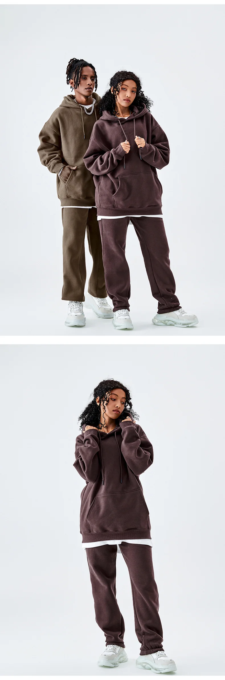 Tilani Men's Clothing European and American Trendy Brand High Quality 350g Fleece-Lined Thick Men's and Women's Hooded Sweatshirt and Sweatpants Pure Color Suit