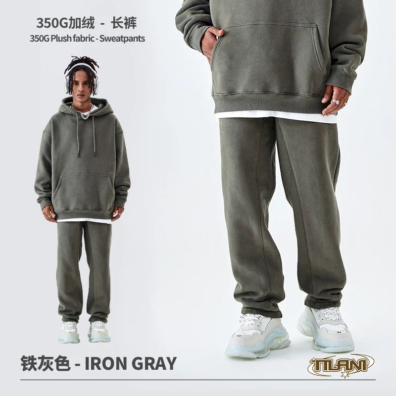 Tilani Men's Clothing European and American Trendy Brand High Quality 350g Fleece-Lined Thick Men's and Women's Hooded Sweatshirt and Sweatpants Pure Color Suit