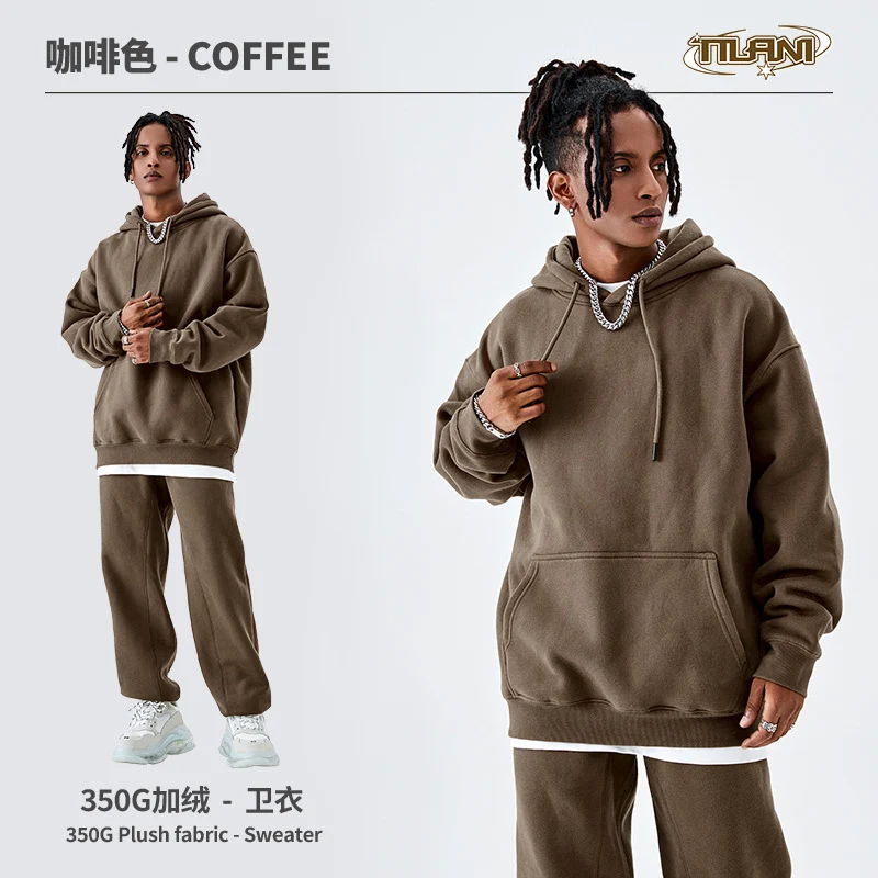 Tilani Men's Clothing European and American Trendy Brand High Quality 350g Fleece-Lined Thick Men's and Women's Hooded Sweatshirt and Sweatpants Pure Color Suit