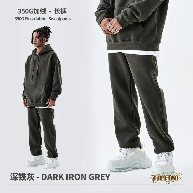 Tilani Men's Clothing European and American Trendy Brand High Quality 350g Fleece-Lined Thick Men's and Women's Hooded Sweatshirt and Sweatpants Pure Color Suit