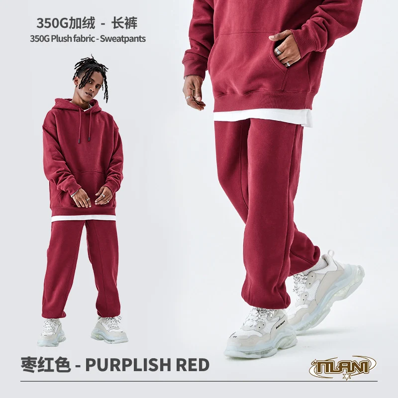 Tilani Men's Clothing European and American Trendy Brand High Quality 350g Fleece-Lined Thick Men's and Women's Hooded Sweatshirt and Sweatpants Pure Color Suit