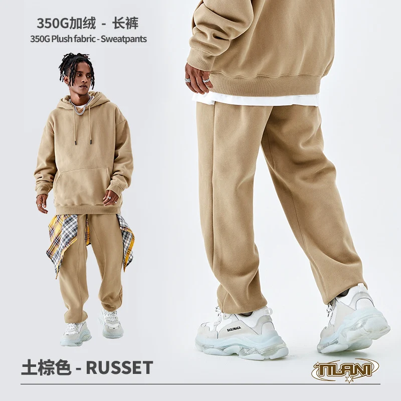 Tilani Men's Clothing European and American Trendy Brand High Quality 350g Fleece-Lined Thick Men's and Women's Hooded Sweatshirt and Sweatpants Pure Color Suit