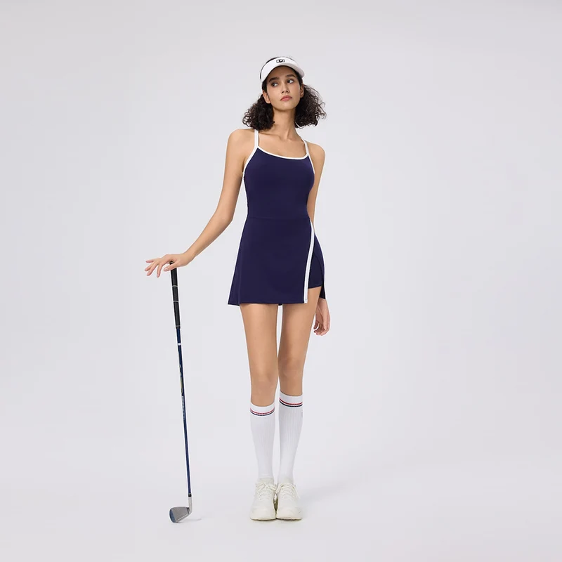 Summer Halter Neck Casual Skin-Friendly Golf Tennis Dress for Women with Built-In Leggings and Tight Fit Pickleball Skirt