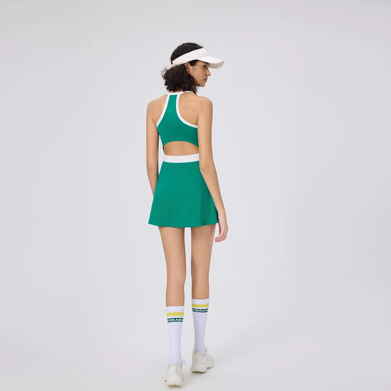 Summer Halter Neck Casual Skin-Friendly Golf Tennis Dress for Women with Built-In Leggings and Tight Fit Pickleball Skirt
