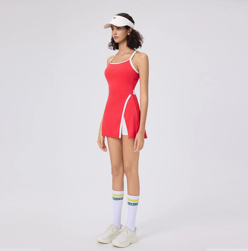 Summer Halter Neck Casual Skin-Friendly Golf Tennis Dress for Women with Built-In Leggings and Tight Fit Pickleball Skirt