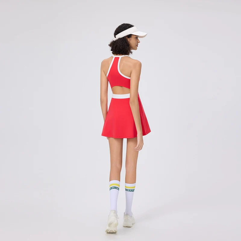 Summer Halter Neck Casual Skin-Friendly Golf Tennis Dress for Women with Built-In Leggings and Tight Fit Pickleball Skirt