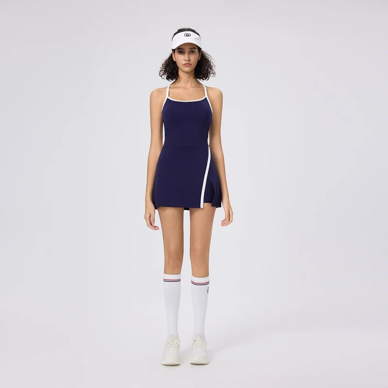 Summer Halter Neck Casual Skin-Friendly Golf Tennis Dress for Women with Built-In Leggings and Tight Fit Pickleball Skirt