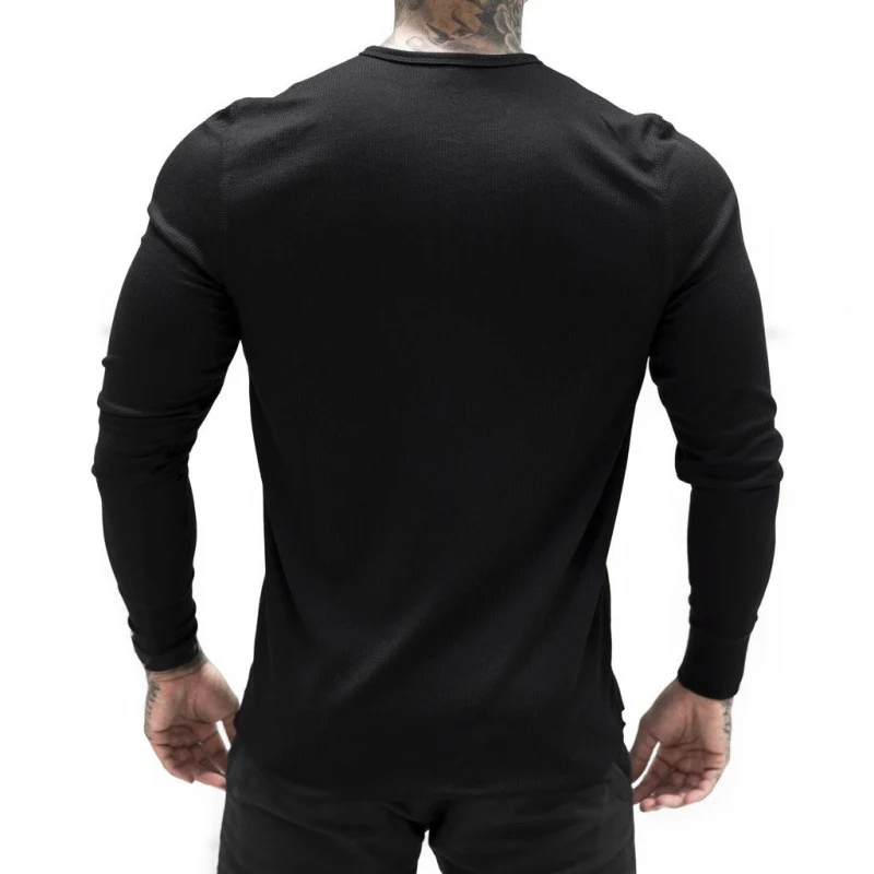 Muscle Fitness Men's Spring and Autumn Sports Leisure Running Breathable Sweat Absorbing Stretch Long Sleeve Button V Henry T-Shirt