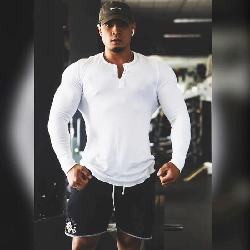 Muscle Fitness Men's Spring and Autumn Sports Leisure Running Breathable Sweat Absorbing Stretch Long Sleeve Button V Henry T-Shirt
