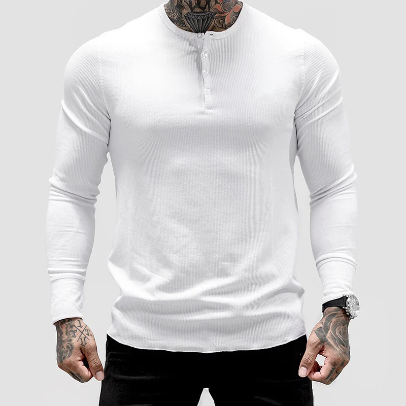 Muscle Fitness Men's Spring and Autumn Sports Leisure Running Breathable Sweat Absorbing Stretch Long Sleeve Button V Henry T-Shirt