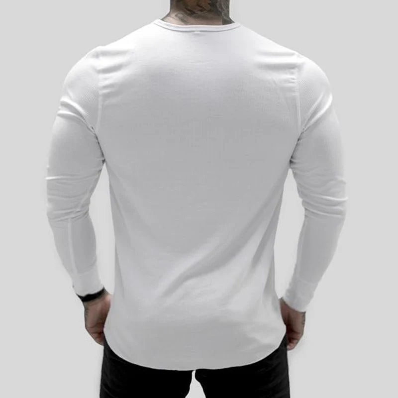 Muscle Fitness Men's Spring and Autumn Sports Leisure Running Breathable Sweat Absorbing Stretch Long Sleeve Button V Henry T-Shirt