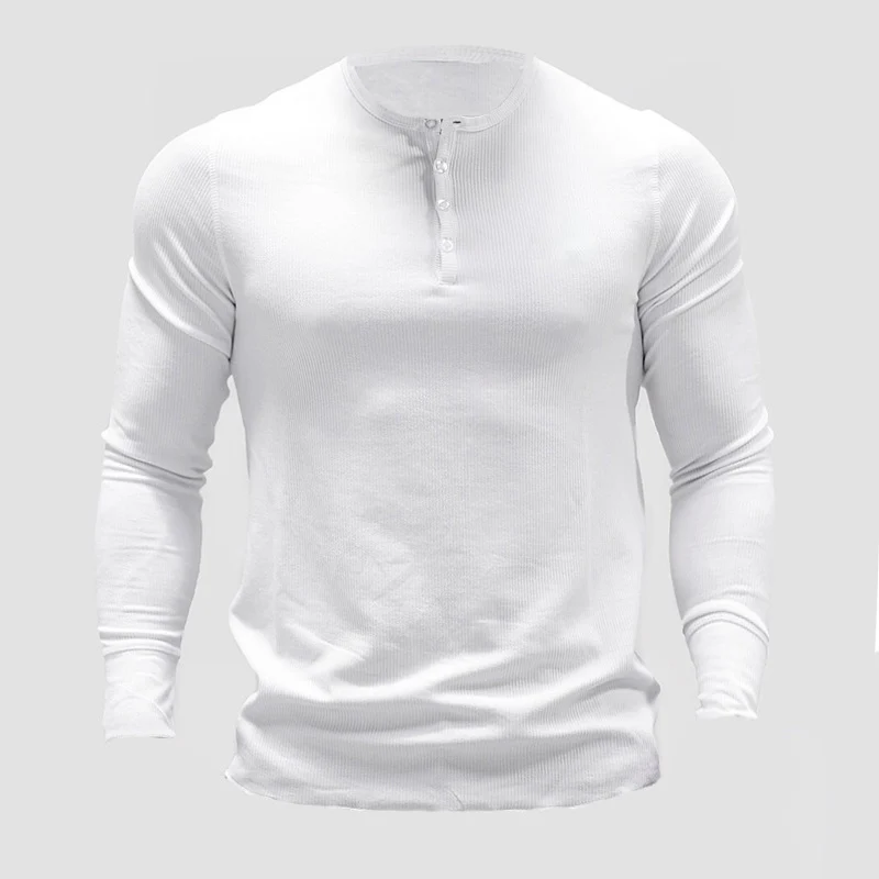 Muscle Fitness Men's Spring and Autumn Sports Leisure Running Breathable Sweat Absorbing Stretch Long Sleeve Button V Henry T-Shirt
